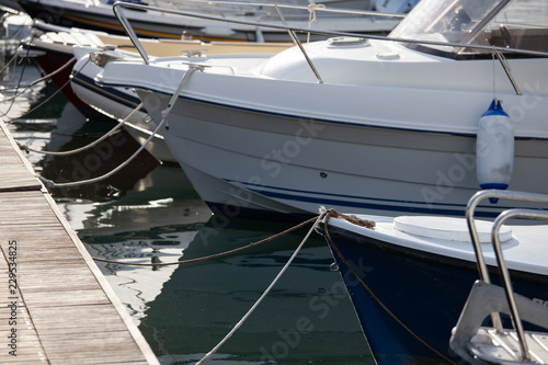 Modern yachts moored close up outdoor view