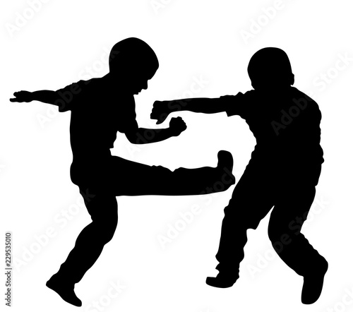 Two boys fighting vector silhouette. Two young brothers fight vector illustration. Angry kid terror. Street hitting and punching after school. Bully abused neighbor kid. Child problematic behavior. 