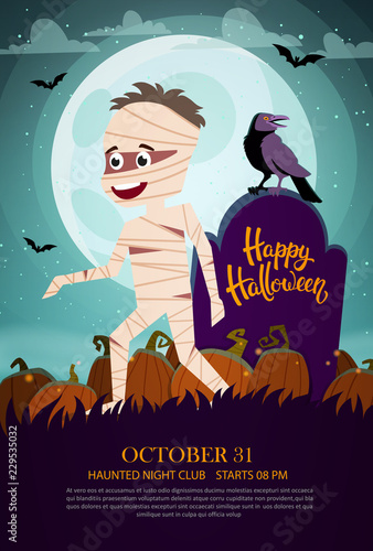 Halloween party flyer with mummy and full moon