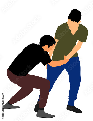 Two boys fighting vector illustration. Two young brothers fight vector illustration. Angry kid terror. Street hitting and punching after school. Bully abused neighbor kid. Child problematic behavior. 