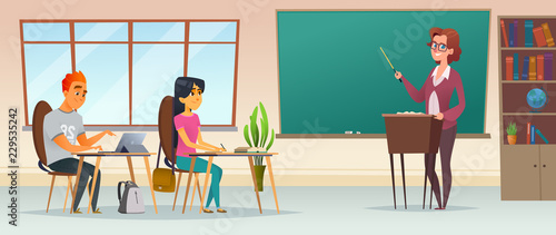 Educational process conceptual modern flat illustration. Pupils in the classroom. Young people listen to the teacher.