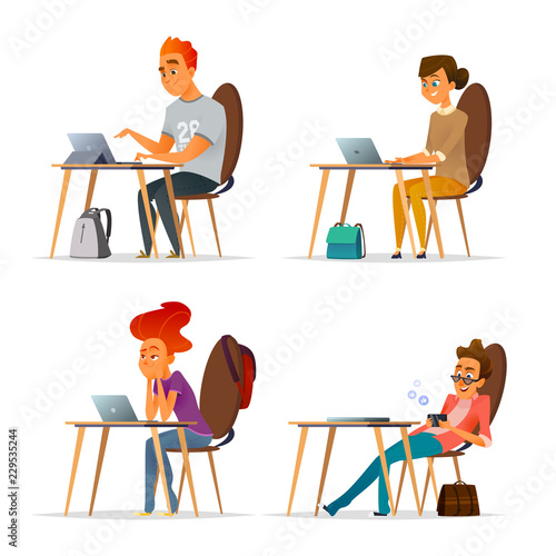 Young People at the table, working on a project. Cartoon flat set.