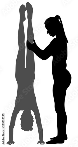 Young girl doing cartwheel exercise wit help of coach. Sport athlete woman in handstand position vector silhouette illustration. Standing on hand pose. Hand stand acrobatics. Personal trainer in gym.