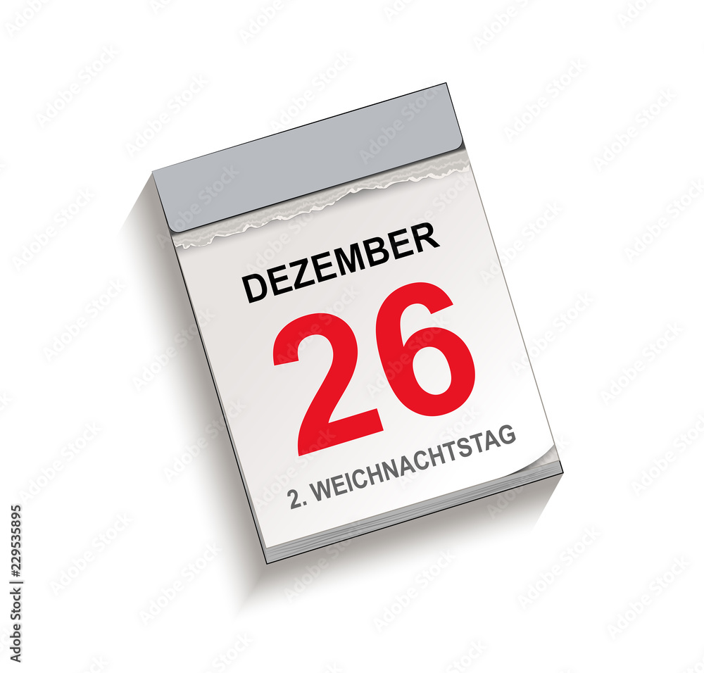 Kalender Dezember 26, 2 Weihnachtstag, Kalender, Abreißkalender mit Datum 26 Dezember Vektor
