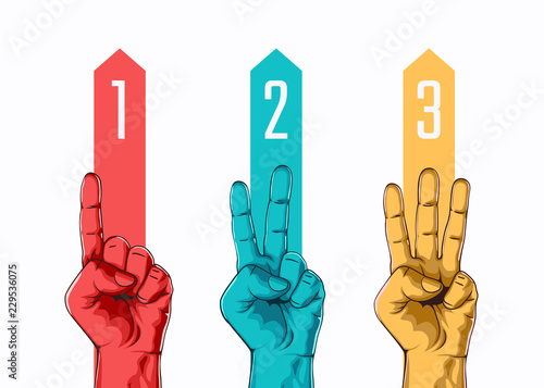 Set of counting one two three hand sign. Three steps or options concept. Vector illustration photo