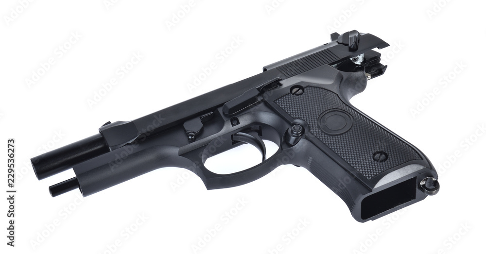 semi automatic 9 m.m handgun pistol isolated on white background