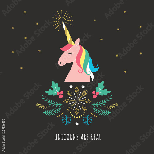 Merry Christmas or New Year greeting card with Unicorn, vector illustration on black background