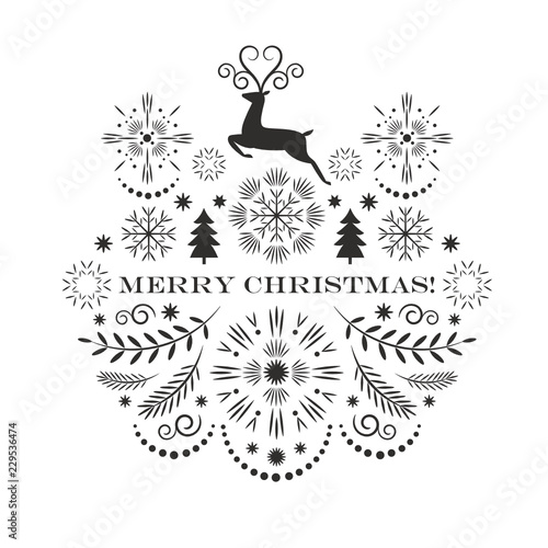 Merry christmas greeting card , Vector illustration, black and white image