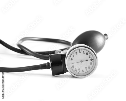 Sphygmomanometer on white background