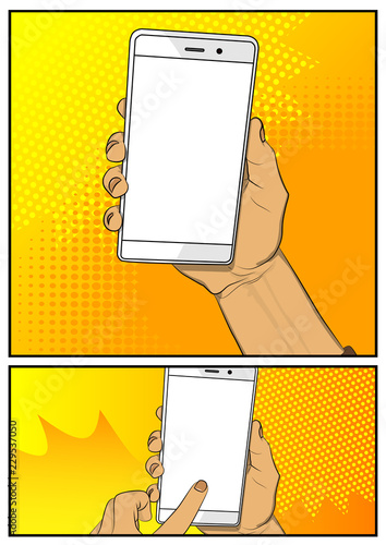 Hand holding white cellphone with white screen. Vector illustrated retro comic book page.