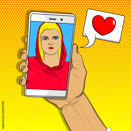 Online dating, long distance relationship. Hand holding phone making video call with loved one. Smartphone with girlfriend on screen. Vector comic book for advertisement, banners, infographics design.