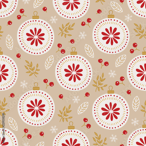 Christmas seamless pattern with balls, berries, leaves, branches, snowflakes