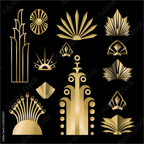 Art deco /Art Nuvo set of DIY elements golden black for print and web illustration , geometric luxury elements and beautiful creative pack.