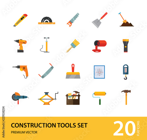Construction tools icon set. Saw, hammer, drill, screwdriver, toolbox. Renovation concept. Can be used for topics like interior decoration, construction site, DIY store
