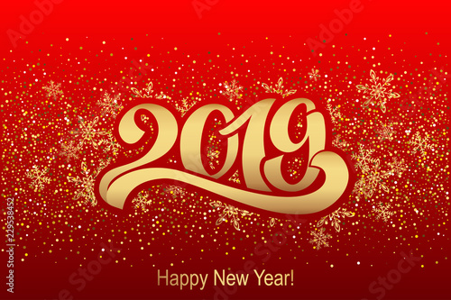 2019. Greeting inscription for postcard, poster happy new year. Beautiful handwritten letters. Vector illustration. Eps 10