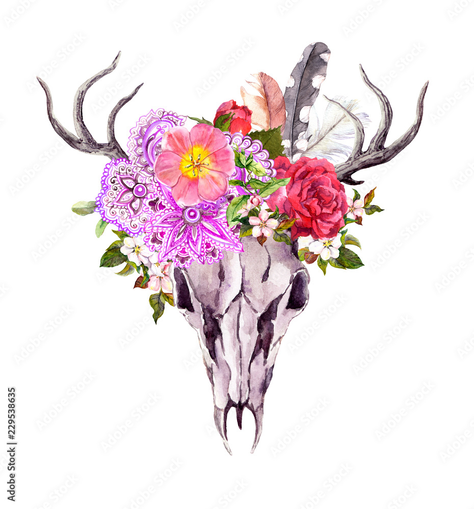 Obraz Deer animal skull with flowers, ornate ethnic design, feathers. Watercolor in vintage style