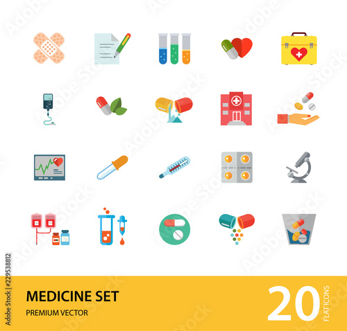 Medicine icon set. Capsule, pill, syringe, scalpel, microscope. Medication concept. Can be used for topics like medical help, lad research, test, emergency