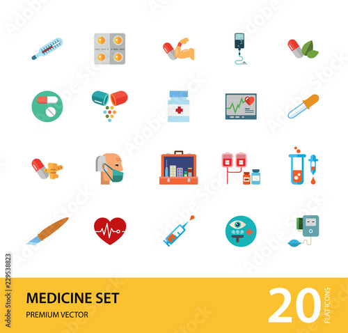 Medicine icon set. Capsule, pill, syringe, scalpel, microscope. Medication concept. Can be used for topics like medical help, lad research, test, emergency