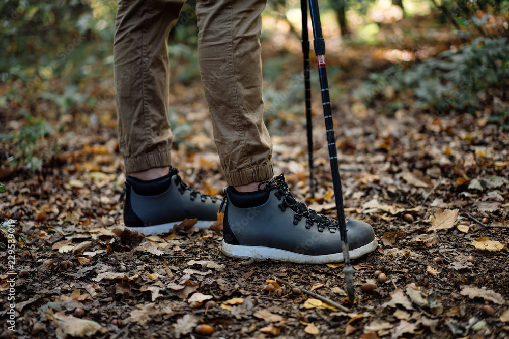 Close up male trekking boots with nordic sticks on hike in forest Close up male trekking boots with nordic sticks on hike in forest