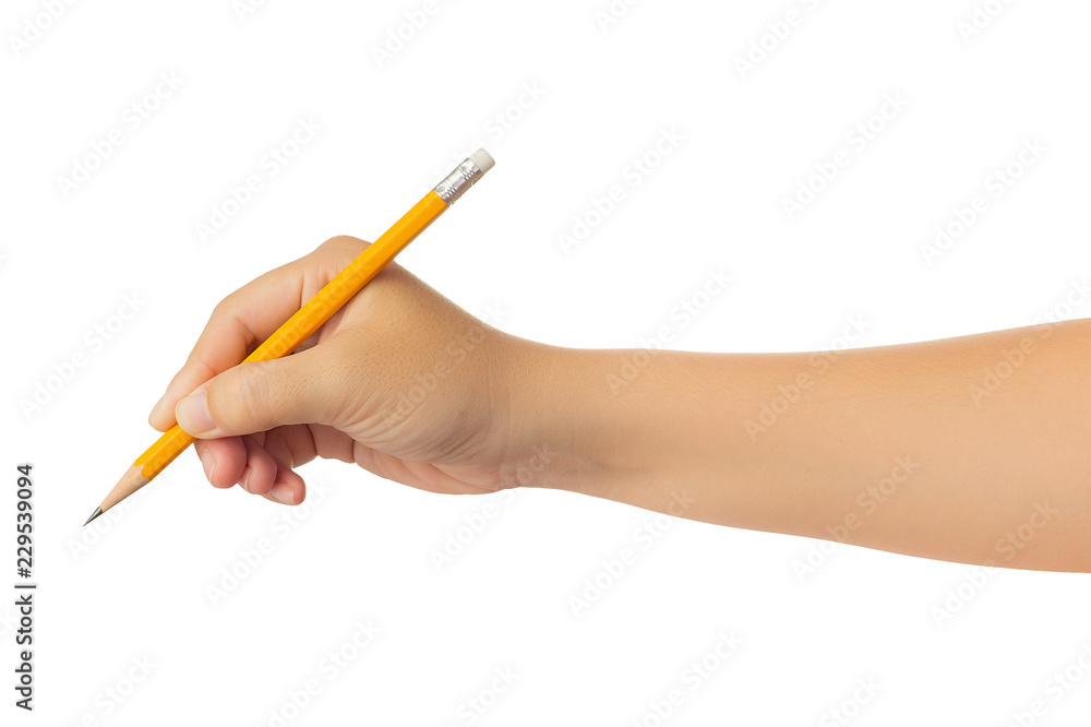 Human hand in reach out one's hand and writing, drawing or sketching with yellow pencil gesture isolate on white background with clipping path, Low contrast for retouch or graphic design Human hand in reach out one's hand and writing, drawing or sketching with yellow pencil gesture isolate on white background with clipping path, Low contrast for retouch or graphic design
