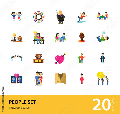 People Icon Set. Family Showing Respect Amour Symbol Couple On Park Bench Dating Team Dinner Friends Greeting Boss Director Common Idea Rich Person