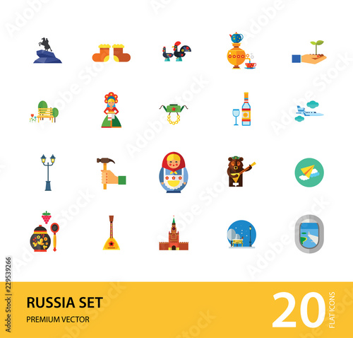 Russia Icon Set. Kremlin Saint Basil Cathedral Valenki Russian Rooster Samovar Matryoshka Bear With Balalaika Russian Welcome Vodka Balalaika Hand With Hummer Ushanka Khokhloma