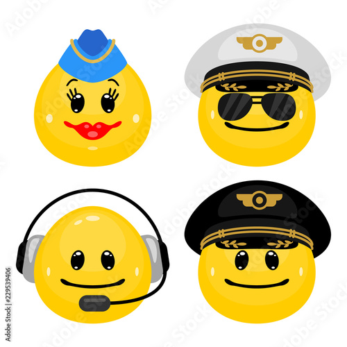 Vector emoticon set of pilots and stewardess. Face icons of officers and flight attendants in cartoon style on white background.