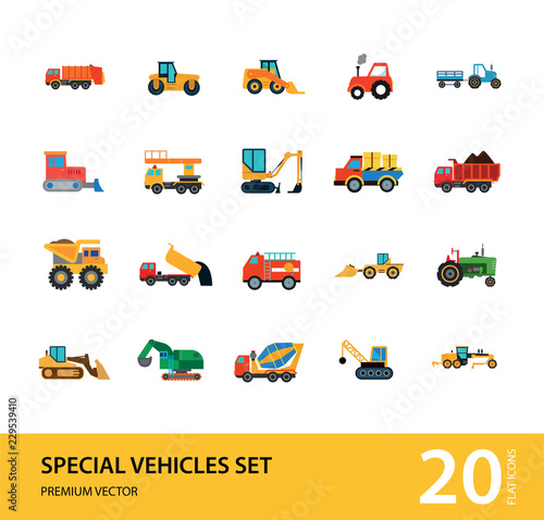 Special vehicles icon set. Skid loader, tractor, industrial elevator. Vehicle concept. Can be used for topics like industry, construction, road building