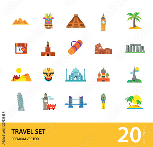 Travel line icon set. Eifel tower, suitcase, tourist mat, mountains, palms. Tourism care concept. Can be used for topics like sightseeing, hiking, trip, journey, vacation