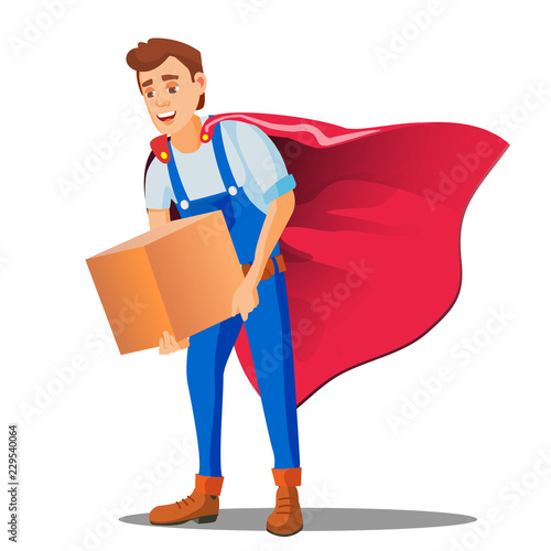 Delivery Service, Man In Superhero Uniform With Box In Hand Vector. Isolated Illustration
