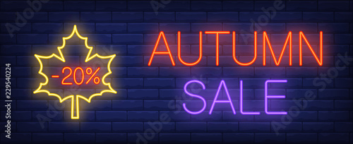 Autumn sale, minus twenty percent neon text with maple leaf. Offer or sale advertising design. Night bright neon sign, colorful billboard, light banner. Vector illustration in neon style.