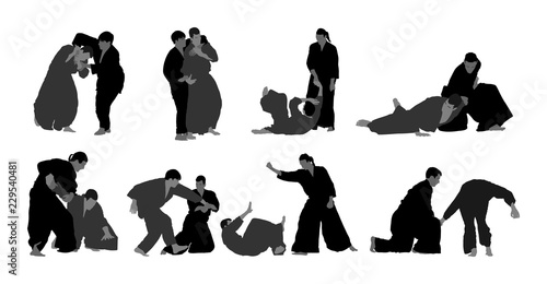 Fight between two aikido fighters vector symbol illustration. Sparring on training action. Self defense, defence art excercising concept. Karate and aikido fighters. Traditional warriors skills.
