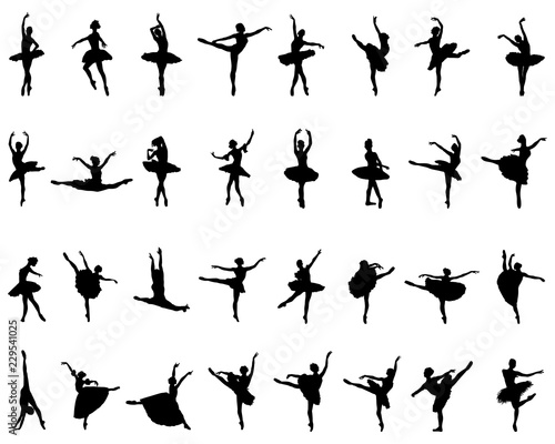 Black silhouettes of ballerinas on white background, vector