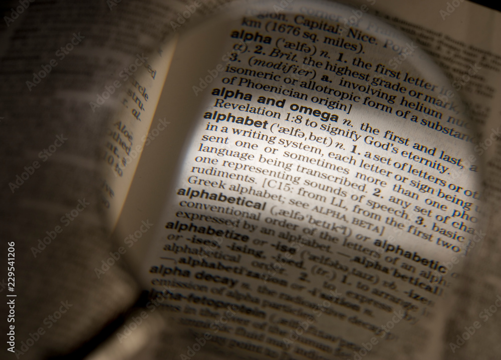 Fototapeta premium MAGNIFYING GLASS ON DICTIONARY PAGE SHOWING DEFINITION OF THE WORD ALPHABET