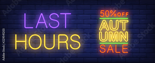 Last hours, autumn sale, fifty percent off neon text. Offer or sale advertising design. Night bright neon sign, colorful billboard, light banner. Vector illustration in neon style.
