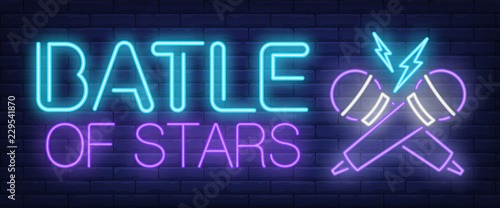 Battle of stars neon sign. Crossed microphones on brick background. Karaoke, show, standup battle. Night bright advertisement. Vector illustration in neon style for leisure, nightlife, entertainment