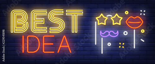 Best idea neon sign. Photo booth props on brick background. Party, photographing, masquerade. Night bright advertisement. Vector illustration in neon style for holiday, celebration, entertainment