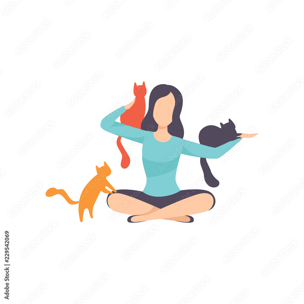 Young woman sitting on the floor surrounded by cats, adorable pets and their owner vector Illustration on a white background - obrazy, fototapety, plakaty 