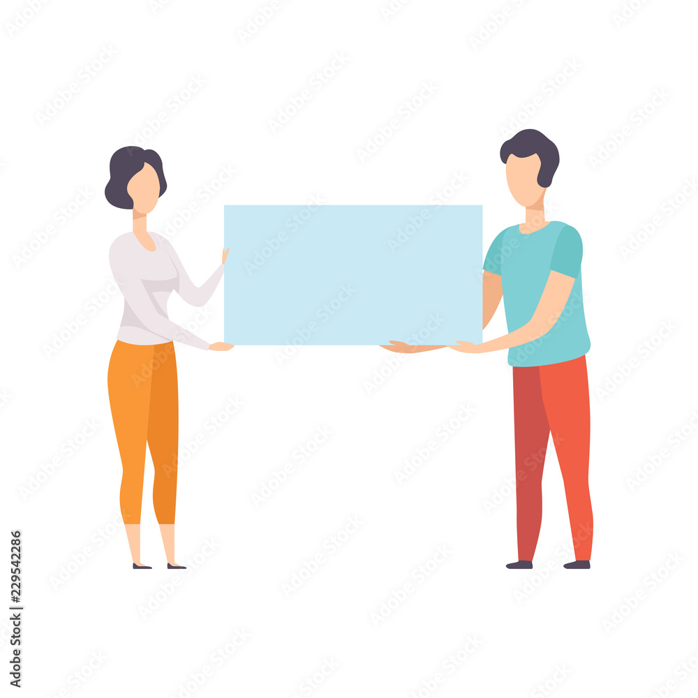 Man and woman holding blank banner, promotion, advertising or peace protest concept vector Illustration on a white background Man and woman holding blank banner, promotion, advertising or peace protest concept vector Illustration on a white background