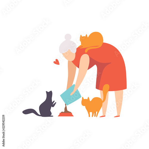 Elderly woman feeding her cats, , adorable pets and their owner vector Illustration on a white background