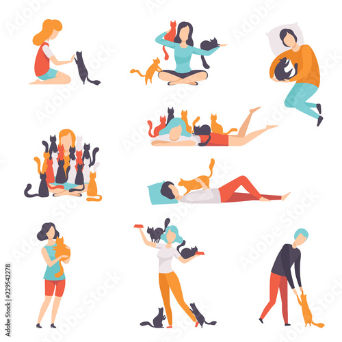 People hugging, caring, and playing with their cats set, adorable pets and their owners vector Illustration on a white background