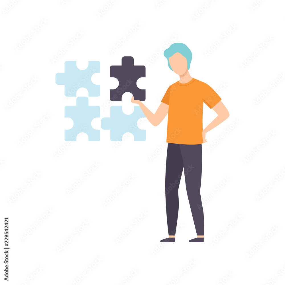 Young man connecting puzzle elements together, businessman having idea vector Illustration on a white background