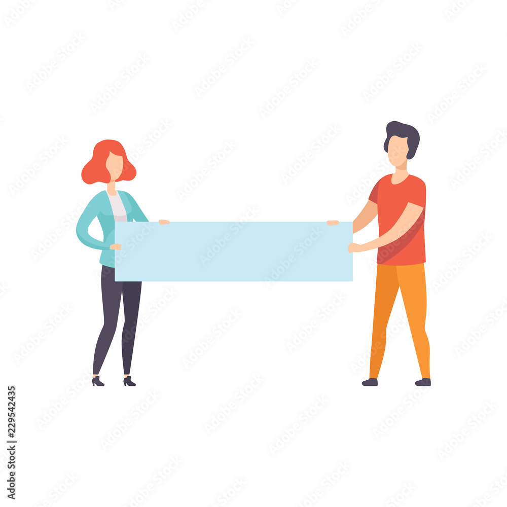 Young man and woman holding blank banner, promotion, advertising or peace protest concept vector Illustration on a white background Young man and woman holding blank banner, promotion, advertising or peace protest concept vector Illustration on a white background