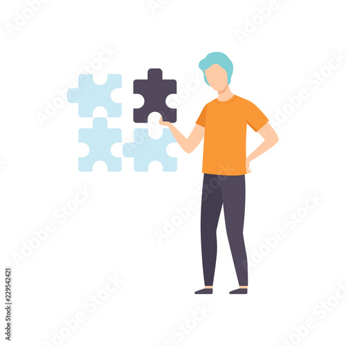 Young man connecting puzzle elements together, businessman having idea vector Illustration on a white background