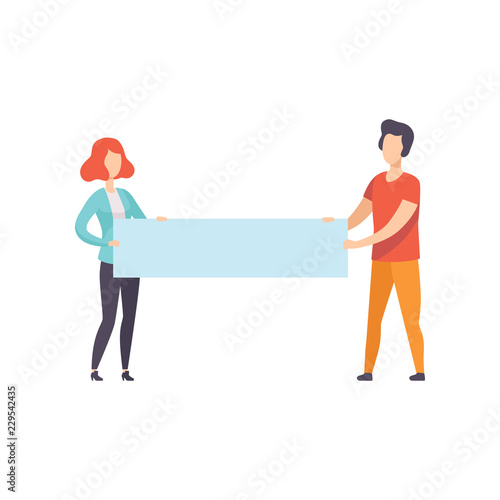 Young man and woman holding blank banner, promotion, advertising or peace protest concept vector Illustration on a white background