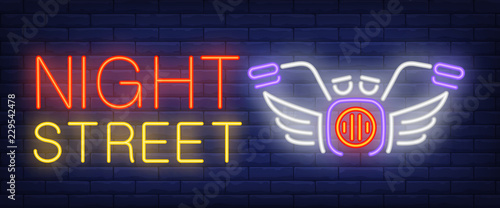Night street neon sign. Motorcycle on brick background. Biker club, biker rally, night road. Night bright advertisement. Vector illustration in neon style for entertainment, lifestyle, transportation