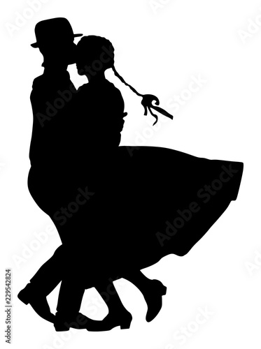 Hungarian folk dancers couple vector silhouette. Germany folk dancers couple in love. Austrian folk dancers couple. East Europe folklore. Couple in love dancing Balkan folk. Traditional folklore event
