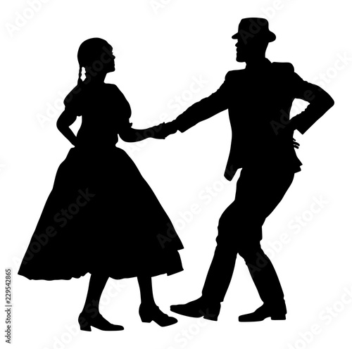 Hungarian folk dancers couple vector silhouette. Germany folk dancers couple in love. Austrian folk dancers couple. East Europe folklore. Couple in love dancing Balkan folk. Traditional folklore event