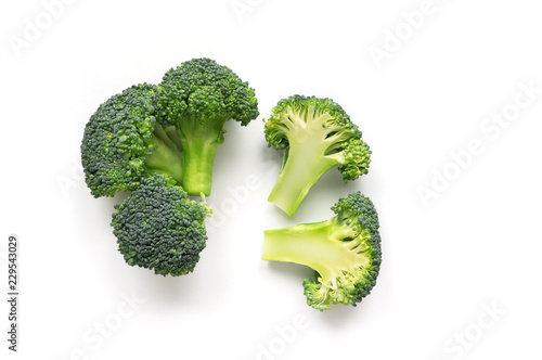 Isolated Broccoli. Green vegetables on white background. Top view.