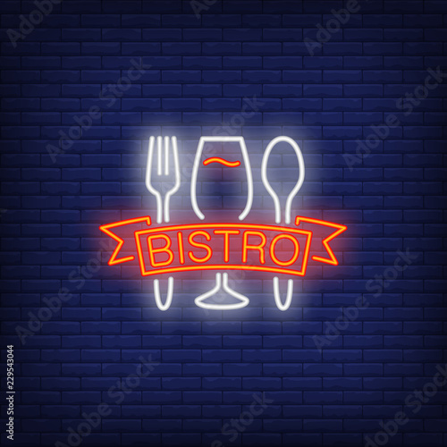 Bistro neon sign. Luminous signboard with wine glass and silverware. Night bright advertisement. Vector illustration in neon style for cafe, food delivery